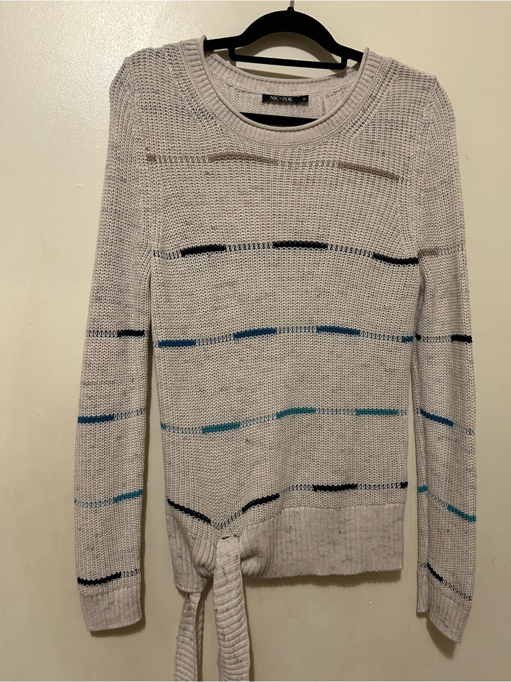 NIC+ZOE “Fresh Path”Coastal Cable Knit Fisherman Cream Sweater Sz S w/Subtle Tie